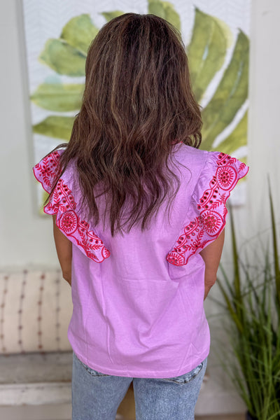 Lilac Rose Embroidered Detail Ruffle Sleeve Top back