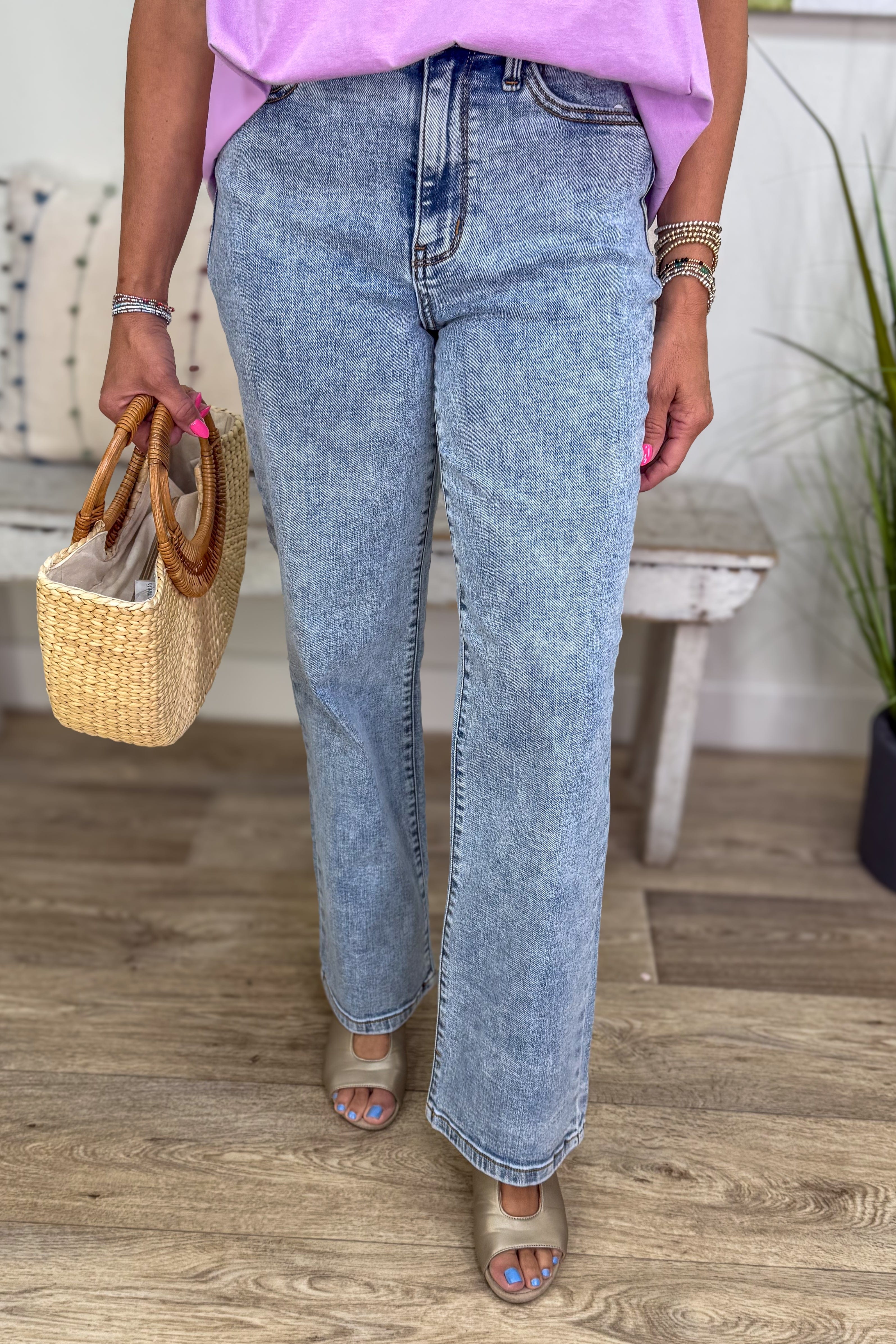 Stone Wash High Waist Straight Fit Denim