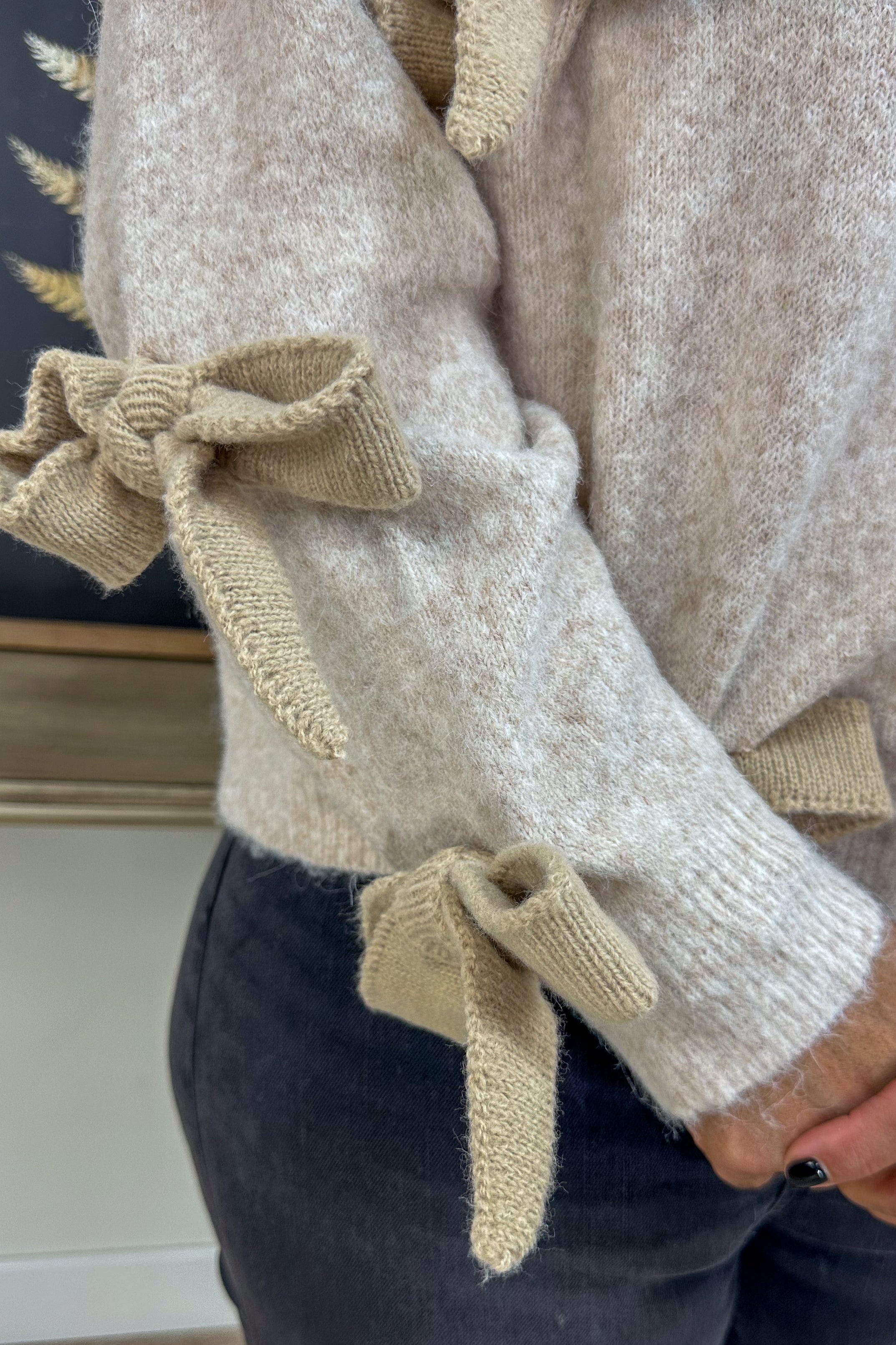 Khaki Heathered Bowtie Sweater bow detail