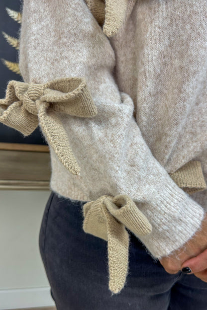 Khaki Heathered Bowtie Sweater bow detail