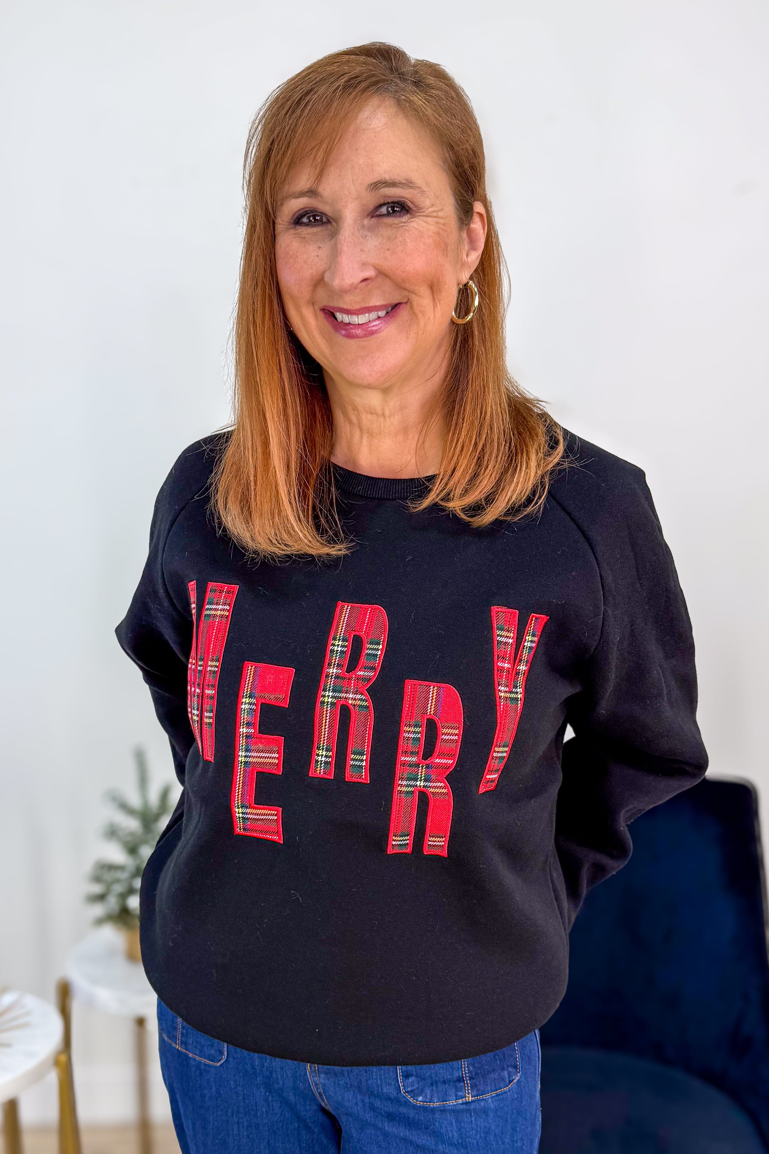 Black Merry Plaid Letter Sweatshirt