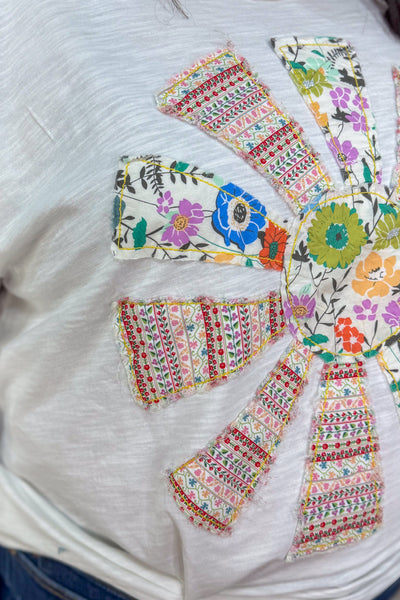 White Flower Patch Knit Top detailed