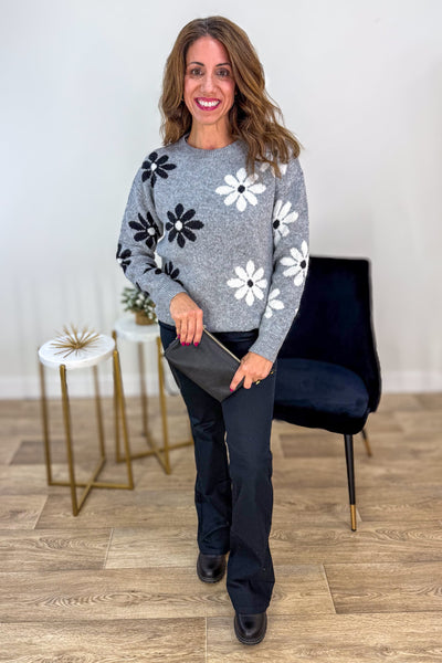 Grey Daisy Intarsia Knit Sweater Styed