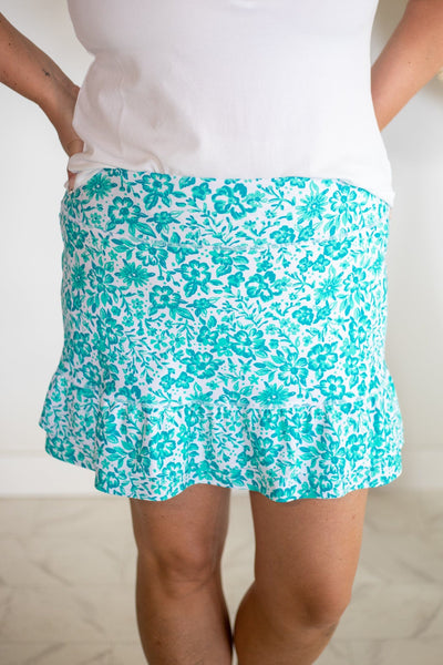 Green & Blue Floral Double Ruffle Skort
