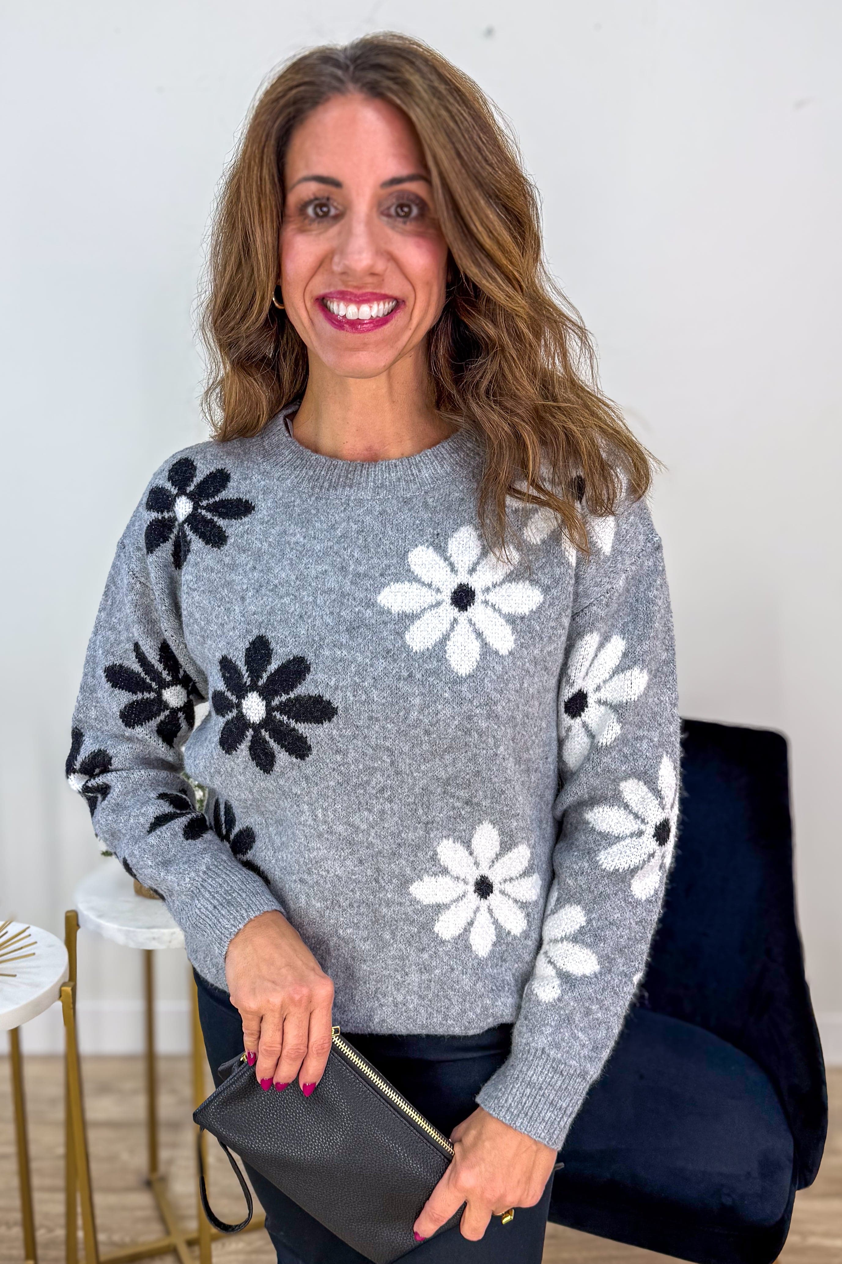 Grey Daisy Intarsia Knit Sweater