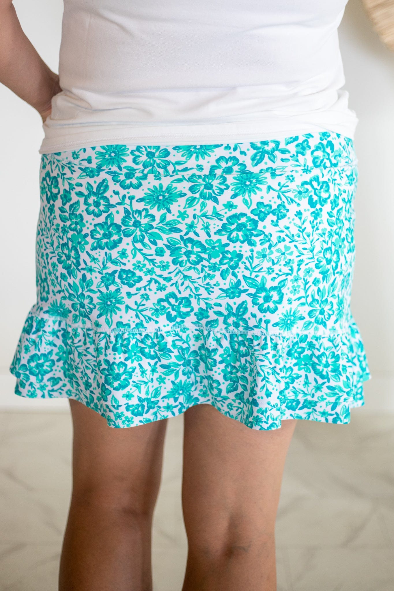 Green & Blue Floral Double Ruffle Skort