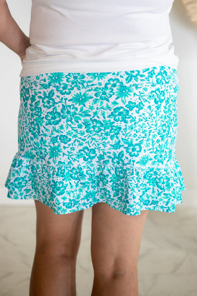 Green & Blue Floral Double Ruffle Skort