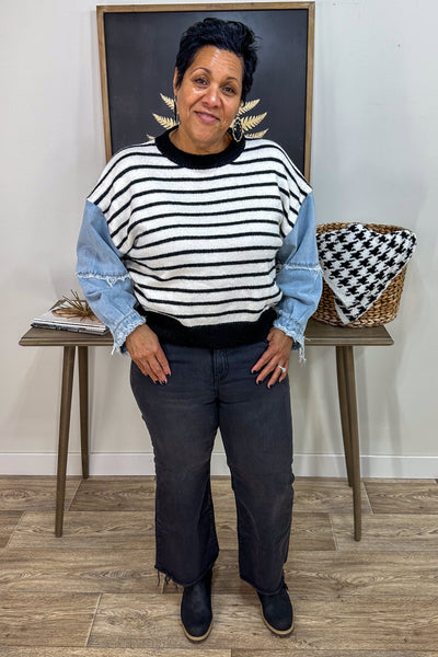 Striped Top with Denim Sleeves styled