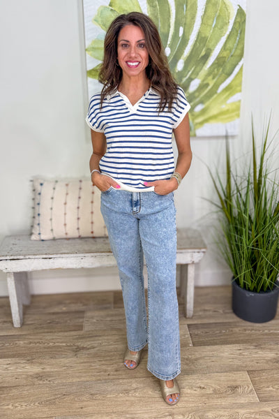 Ivory & Blue Stripe Summer Polo Sweater styled