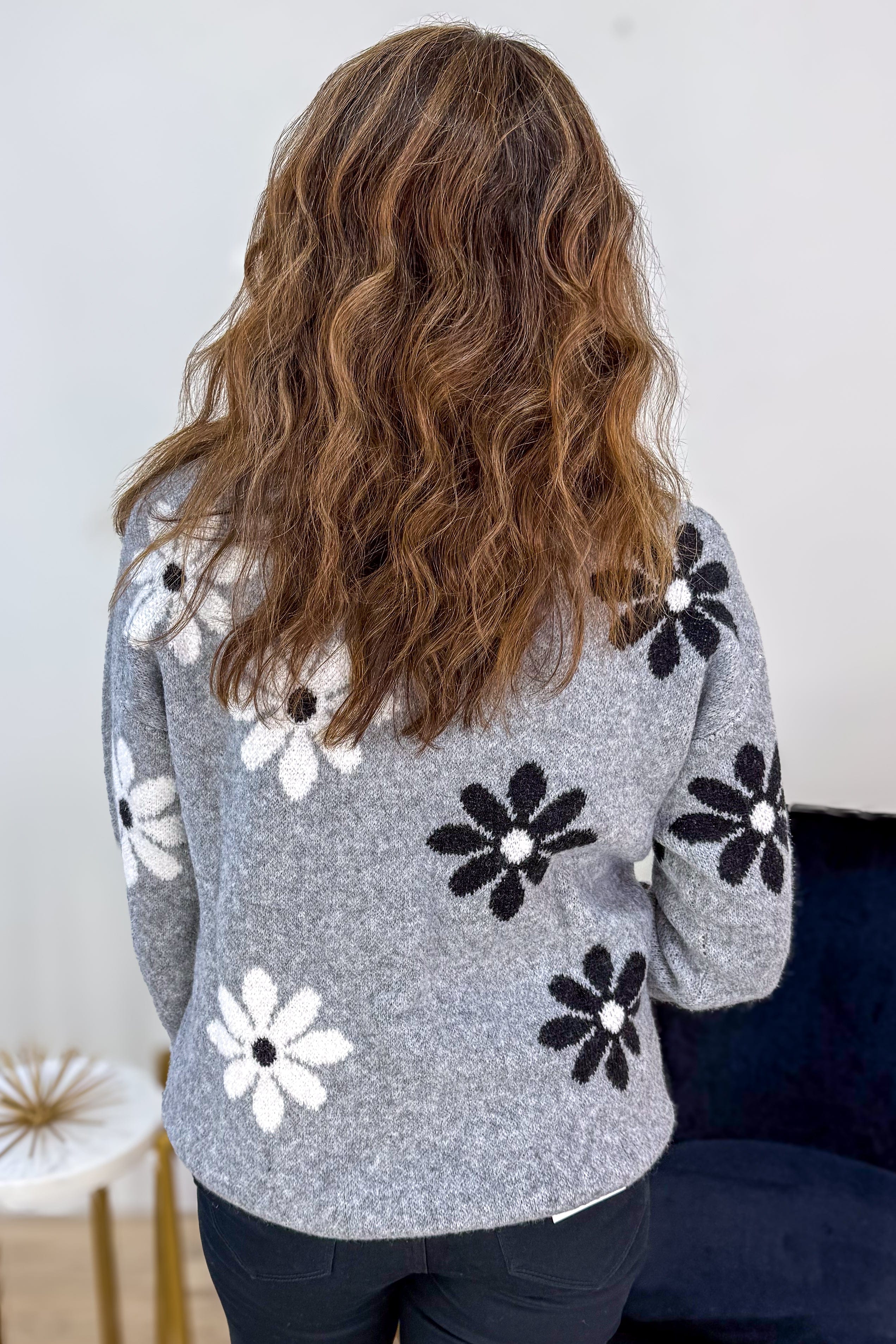 Grey Daisy Intarsia Knit Sweater Back