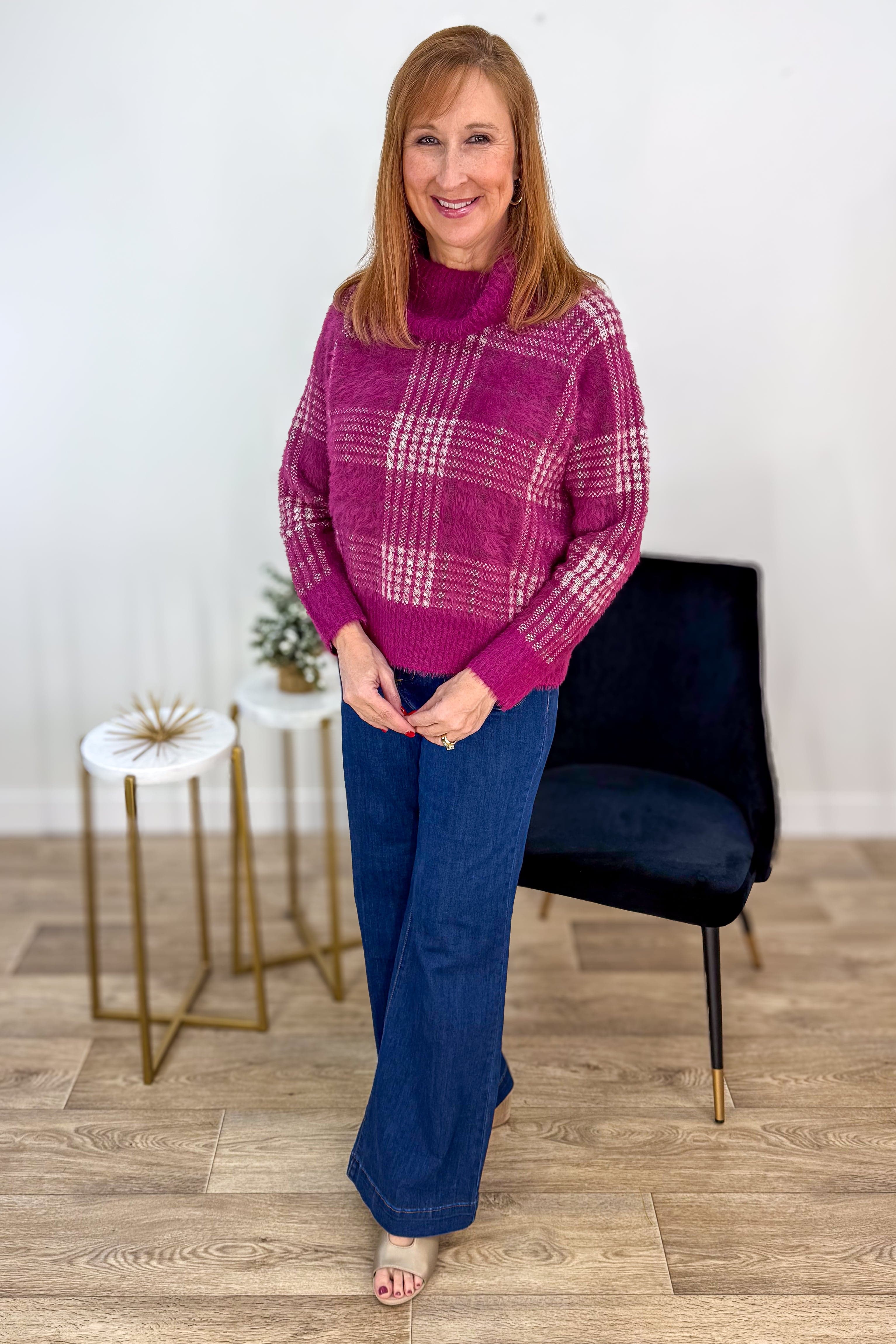 Winter Berry Checker Print Turtleneck Sweater Styled