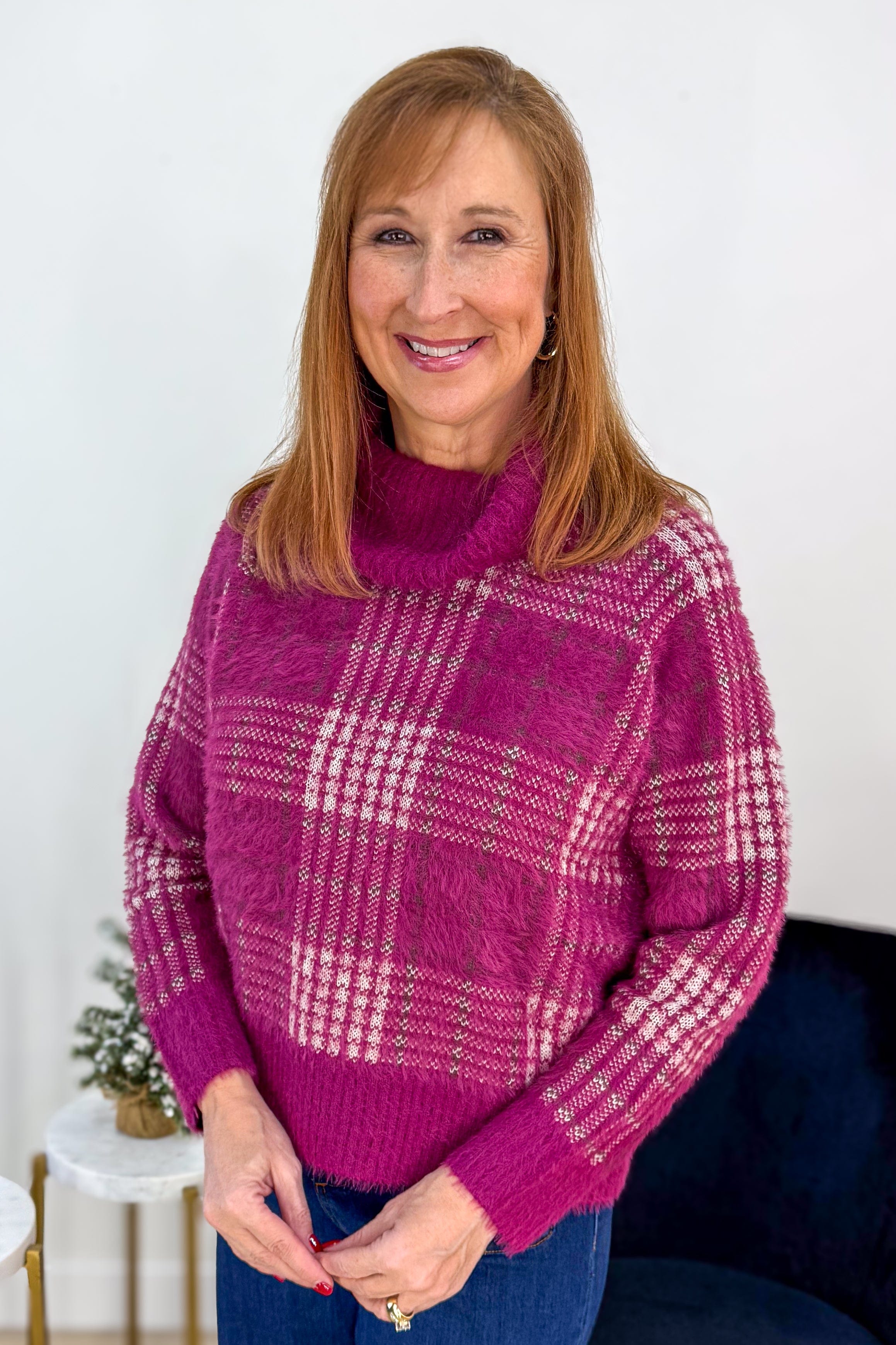 Winter Berry Checker Print Turtleneck Sweater