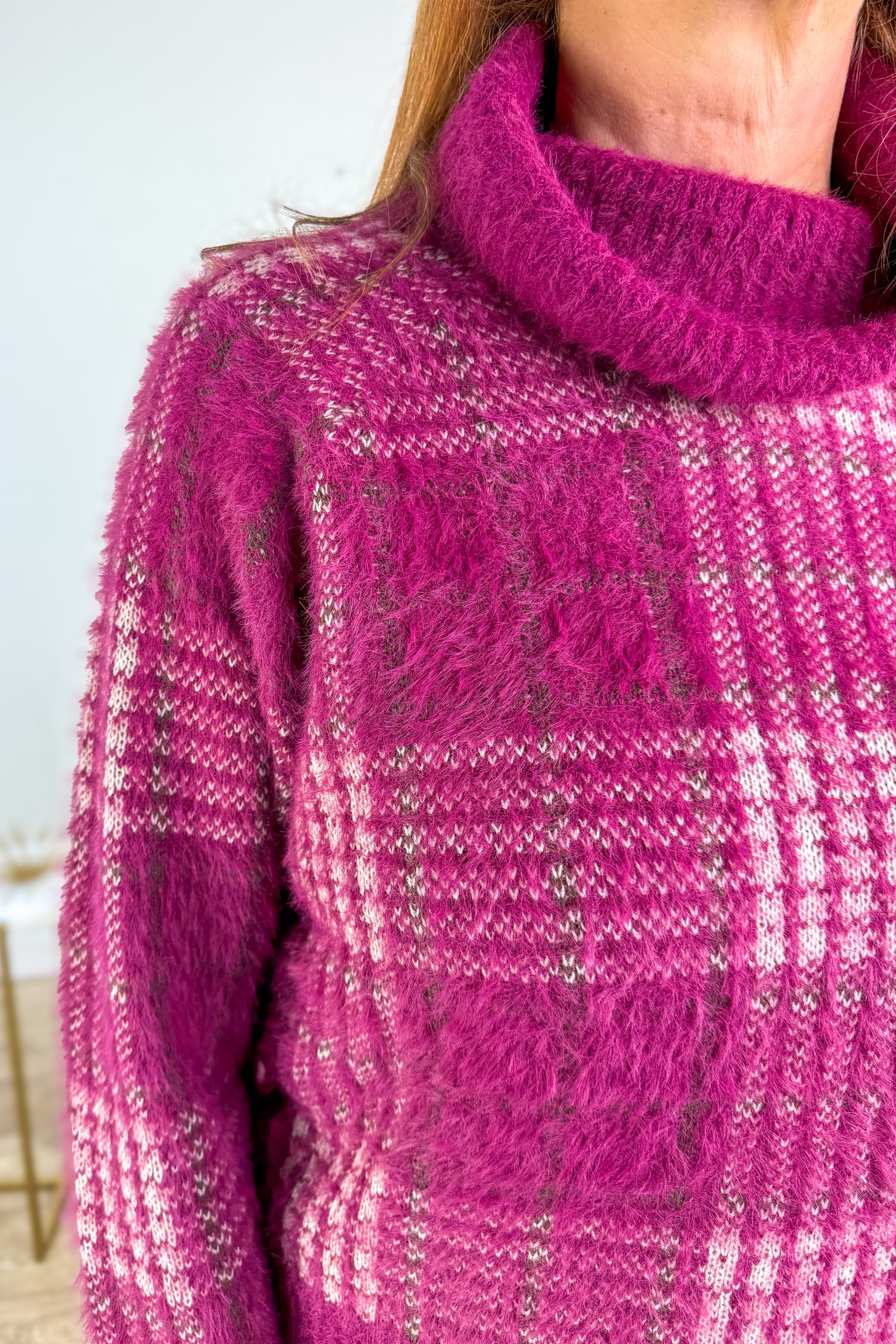 Winter Berry Checker Print Turtleneck Sweater Detailed