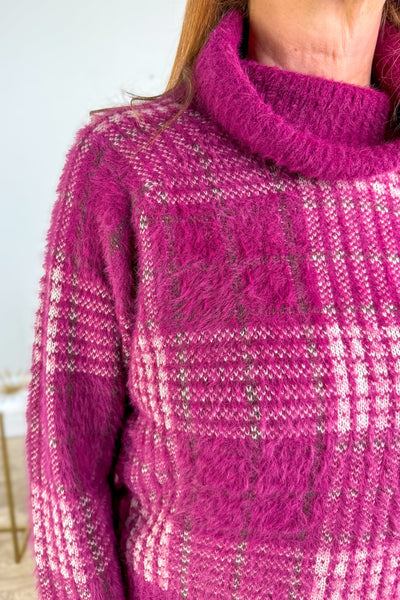 Winter Berry Checker Print Turtleneck Sweater Detailed