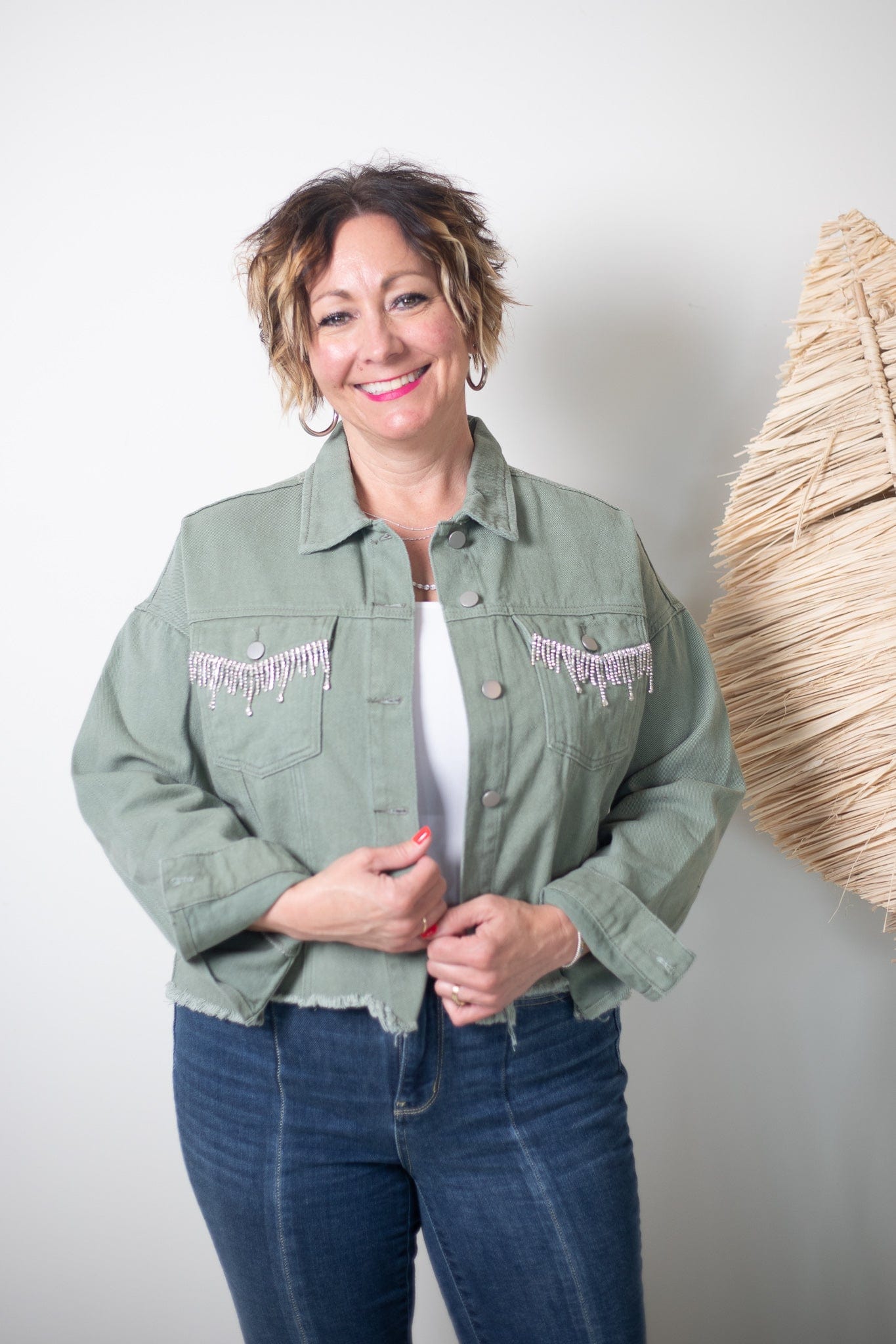 Rhinestone Fringe Olive Denim Jacket