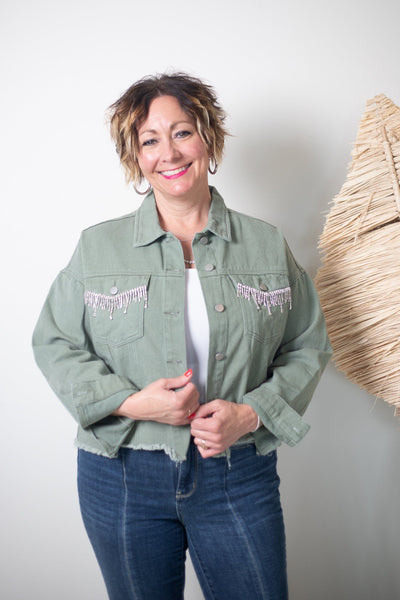 Rhinestone Fringe Olive Denim Jacket