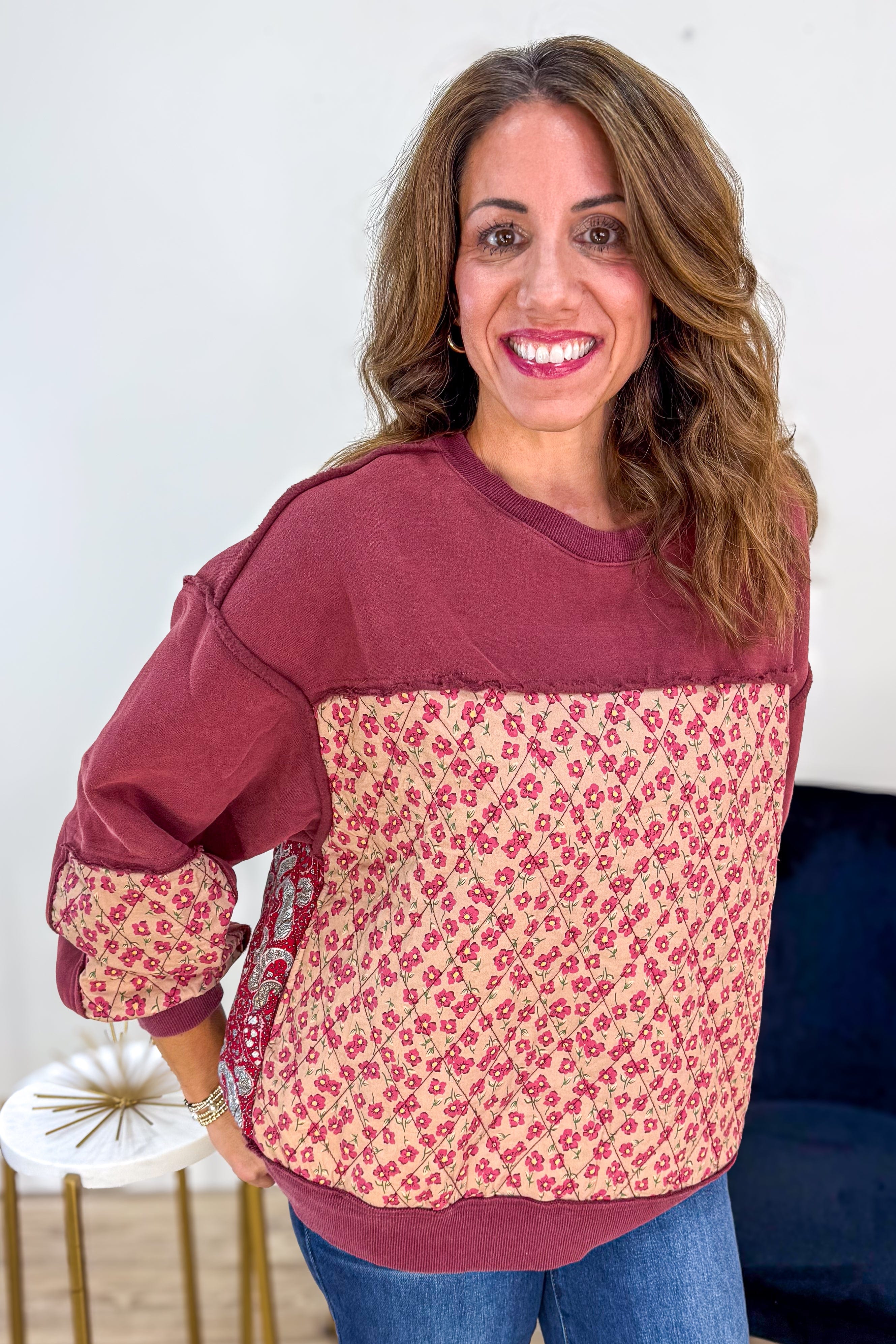 Mulberry Quilted Mix Print Washed Terry Pullover