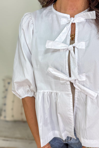 White Bowtie Front Puff Sleeve Peplum detailed