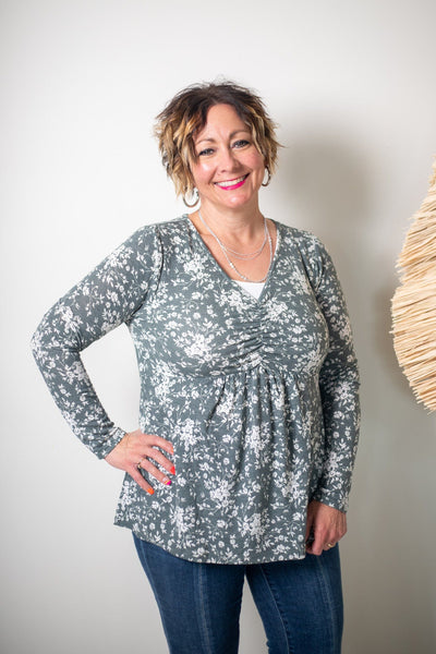Hunter Green Terry Floral Top