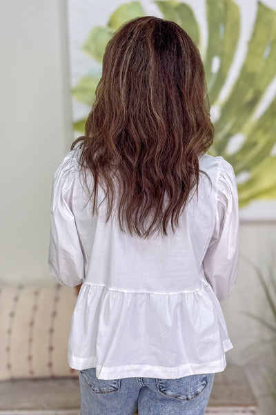 White Bowtie Front Puff Sleeve Peplum
