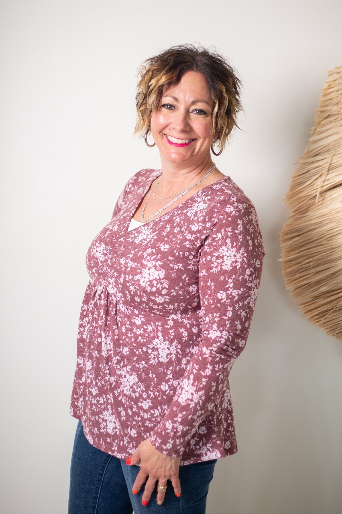 Wine Babydoll Terry Floral Top