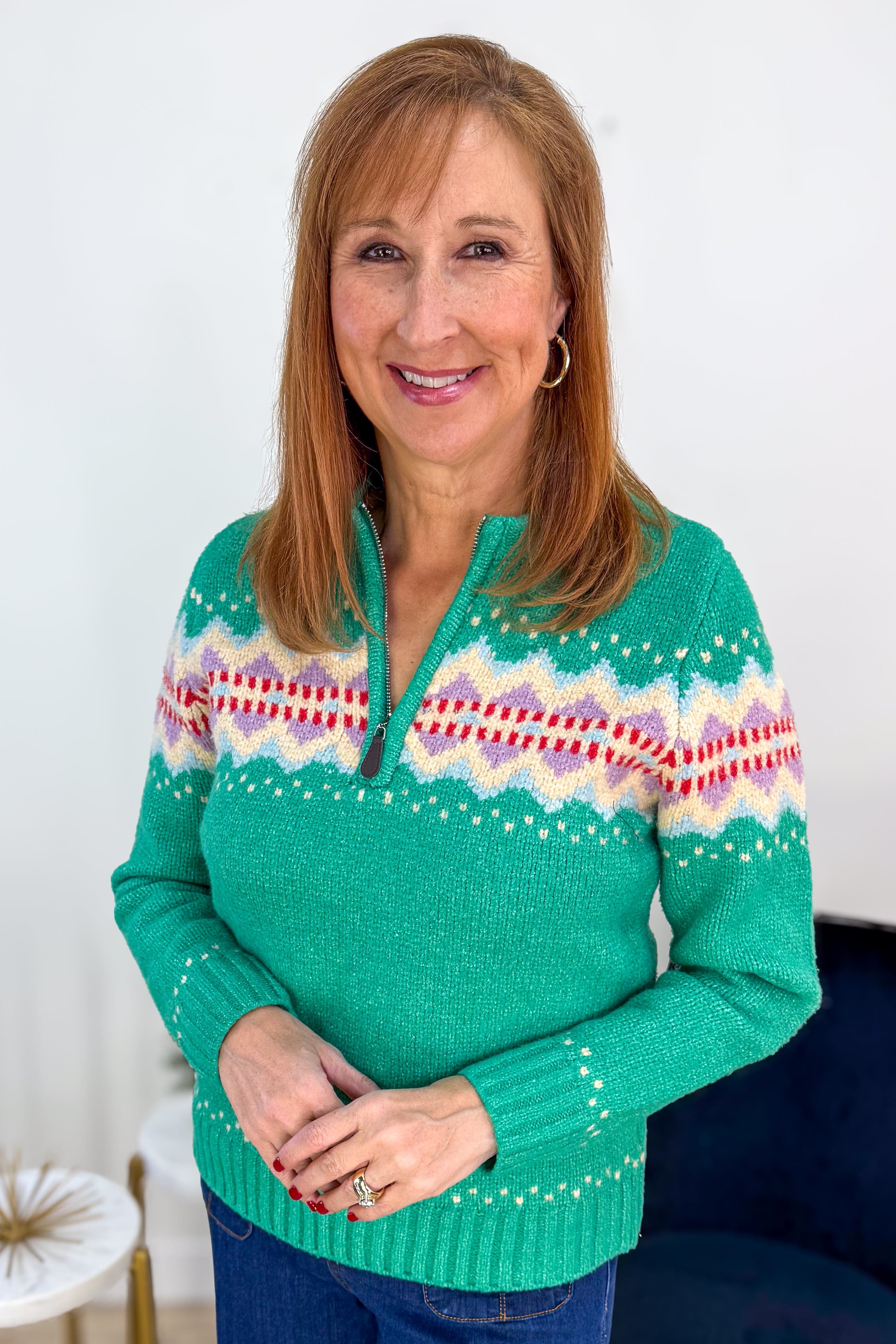 Green Argyle Stripe Half Zip Sweater