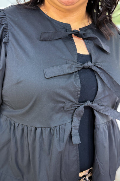 Black Bowtie Front Puff Sleeve Peplum detailed