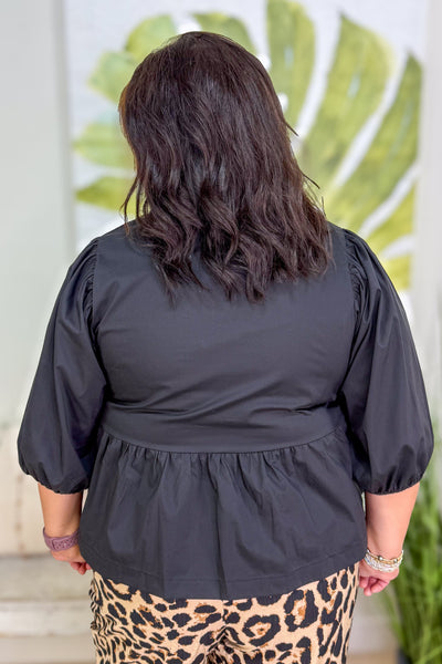 Black Bowtie Front Puff Sleeve Peplum back