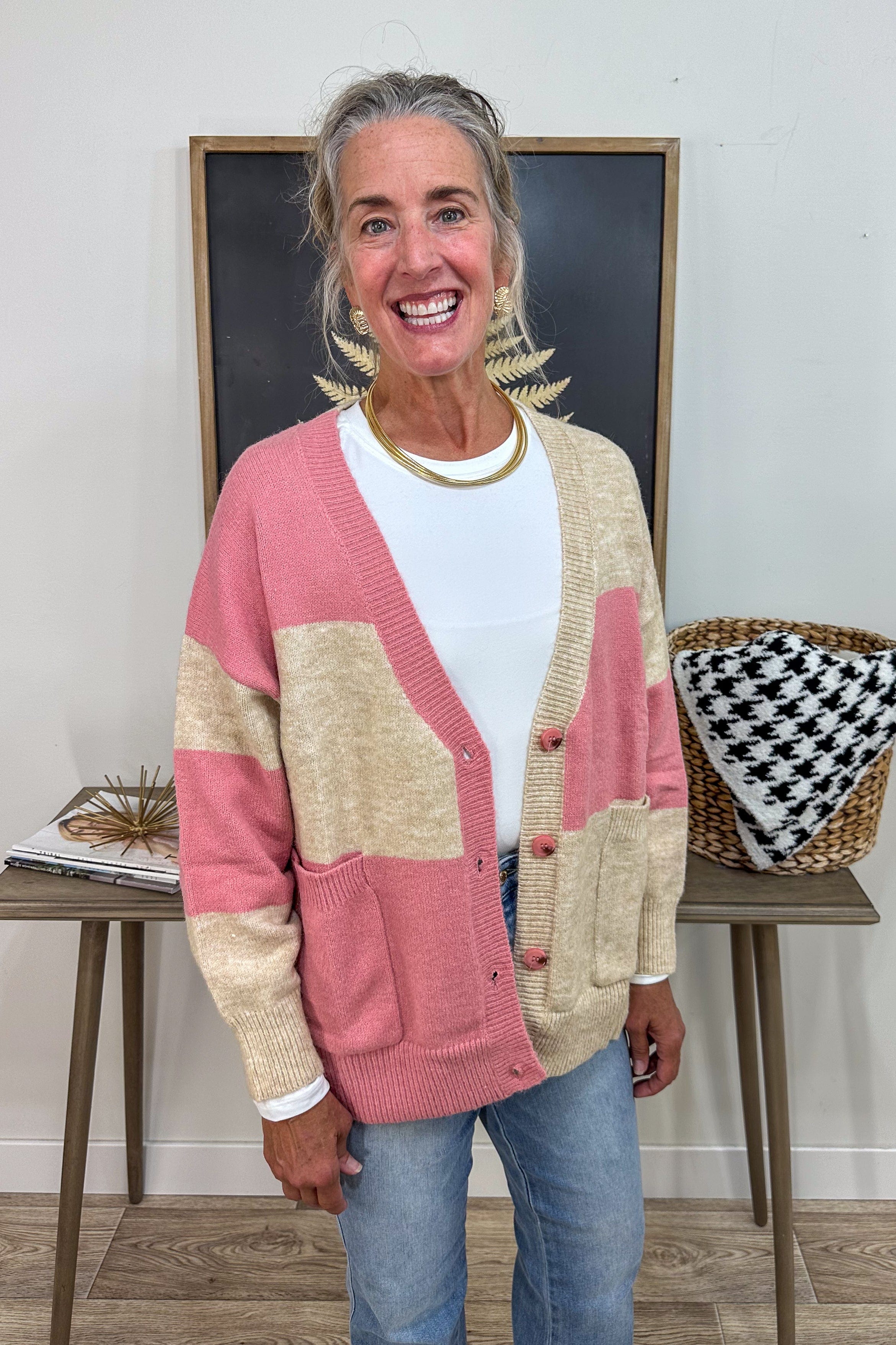 Pink & Tan Stripe Cardigan