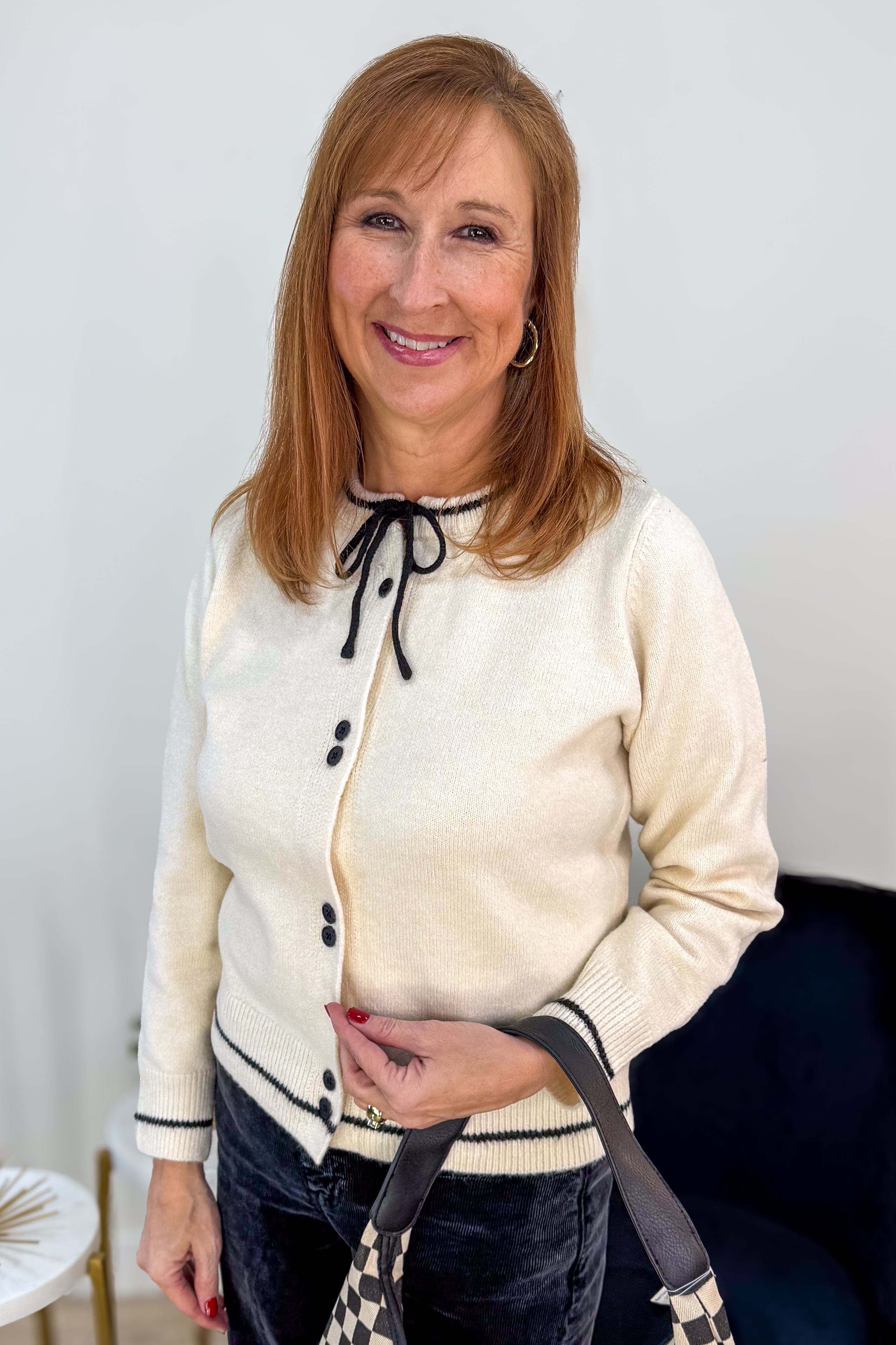 Cream with Black Bow Button Up Cardigan