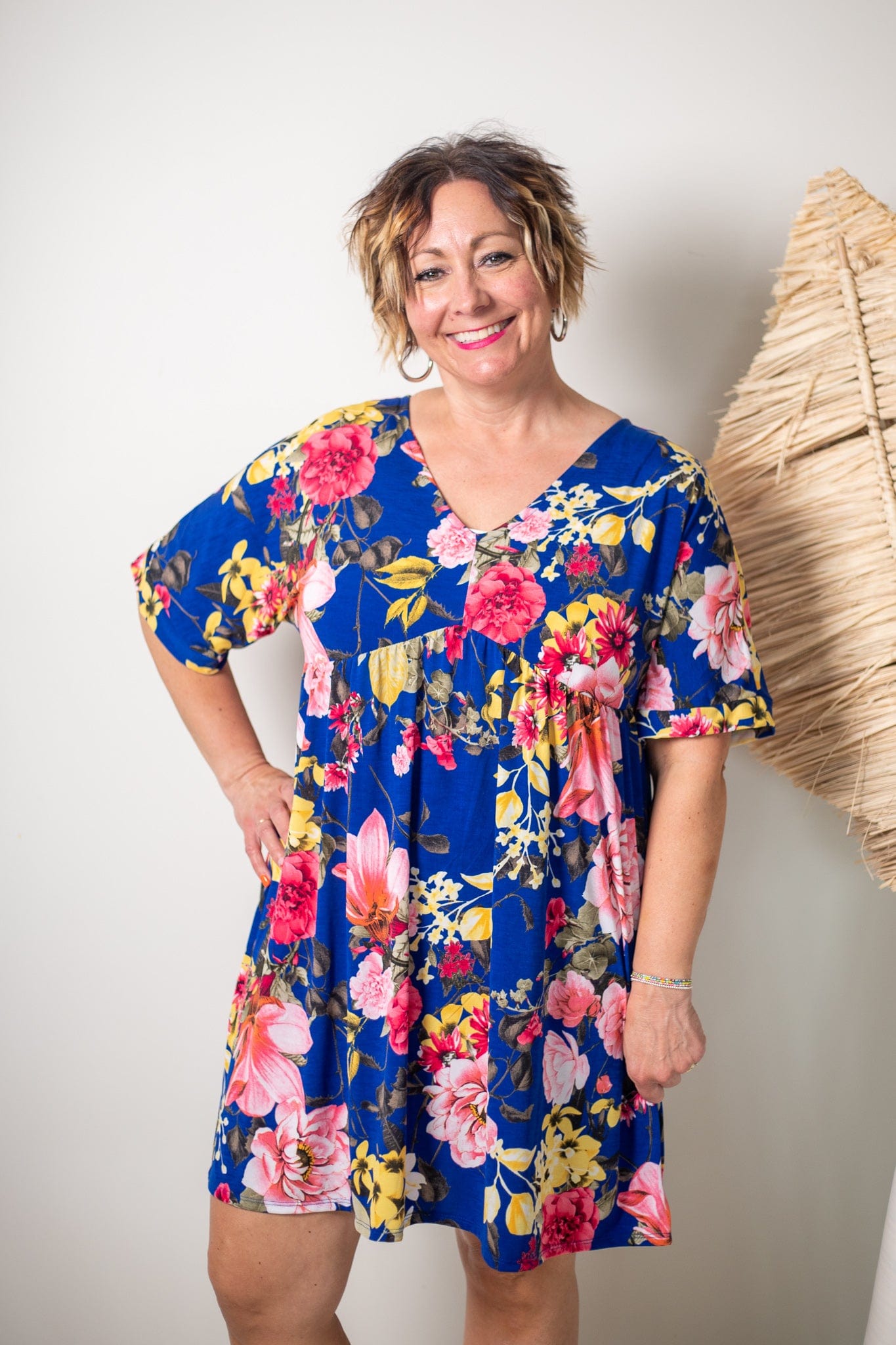 Pink Floral Royal Blue Babydoll Dress