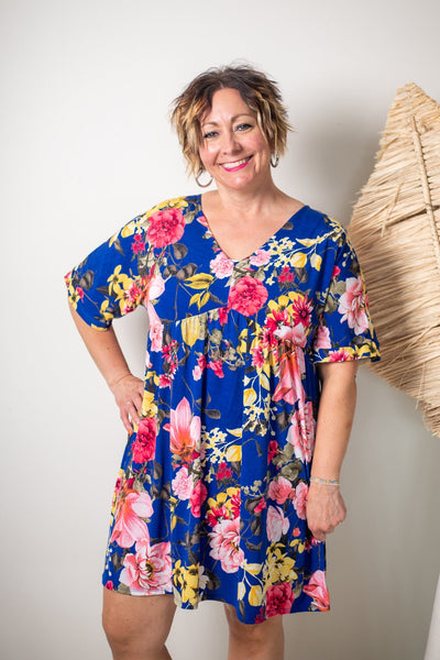 Pink Floral Royal Blue Babydoll Dress