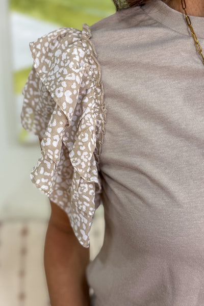 Taupe Leopard Ruffle Sleeve Top detailed