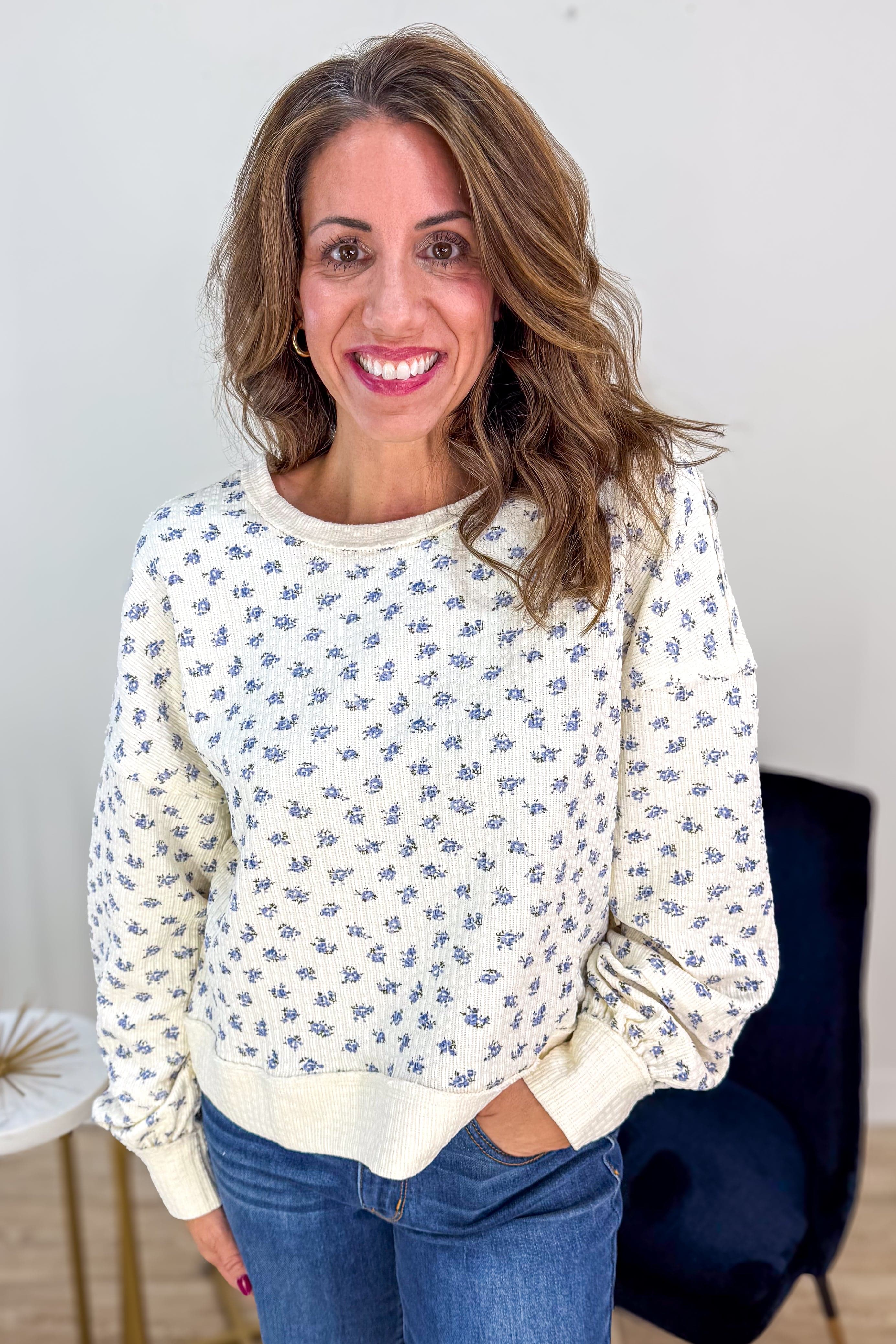 Cream with Blue Floral Detail Thermal Knit Top