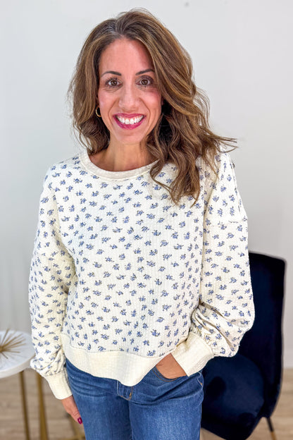 Cream with Blue Floral Detail Thermal Knit Top