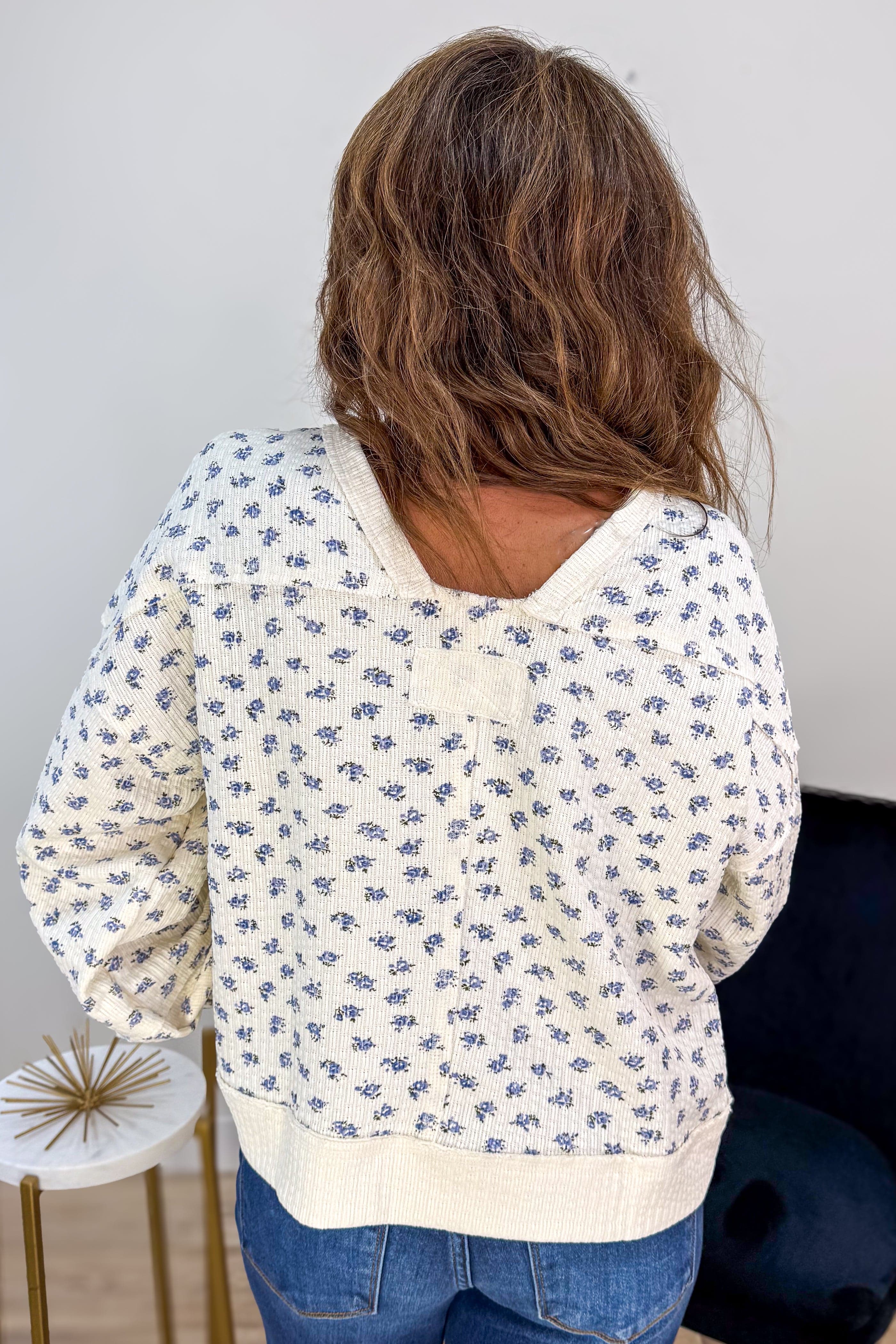 Cream with Blue Floral Detail Thermal Knit Top Back