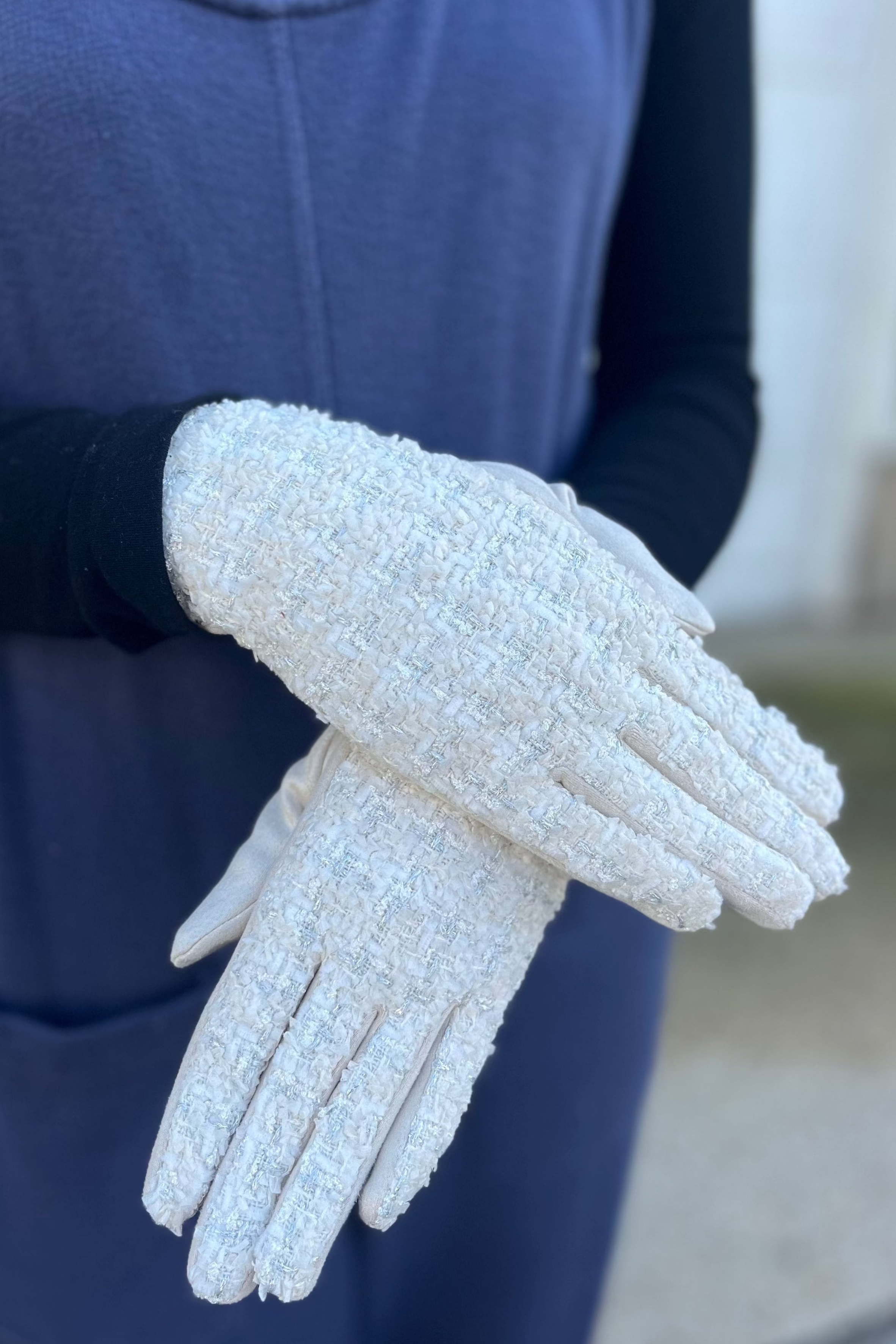 White Shimmering Tweed Faux Suede Gloves