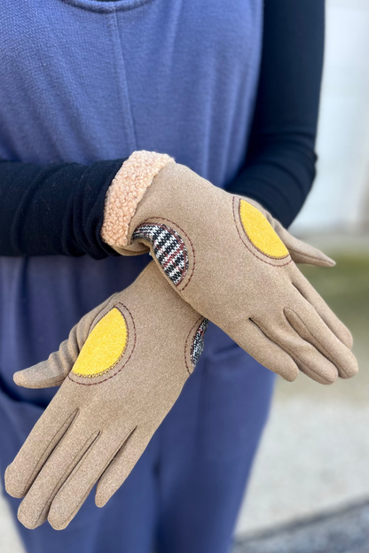 Beige Half Circle Patchwork Glove with Smart Touch