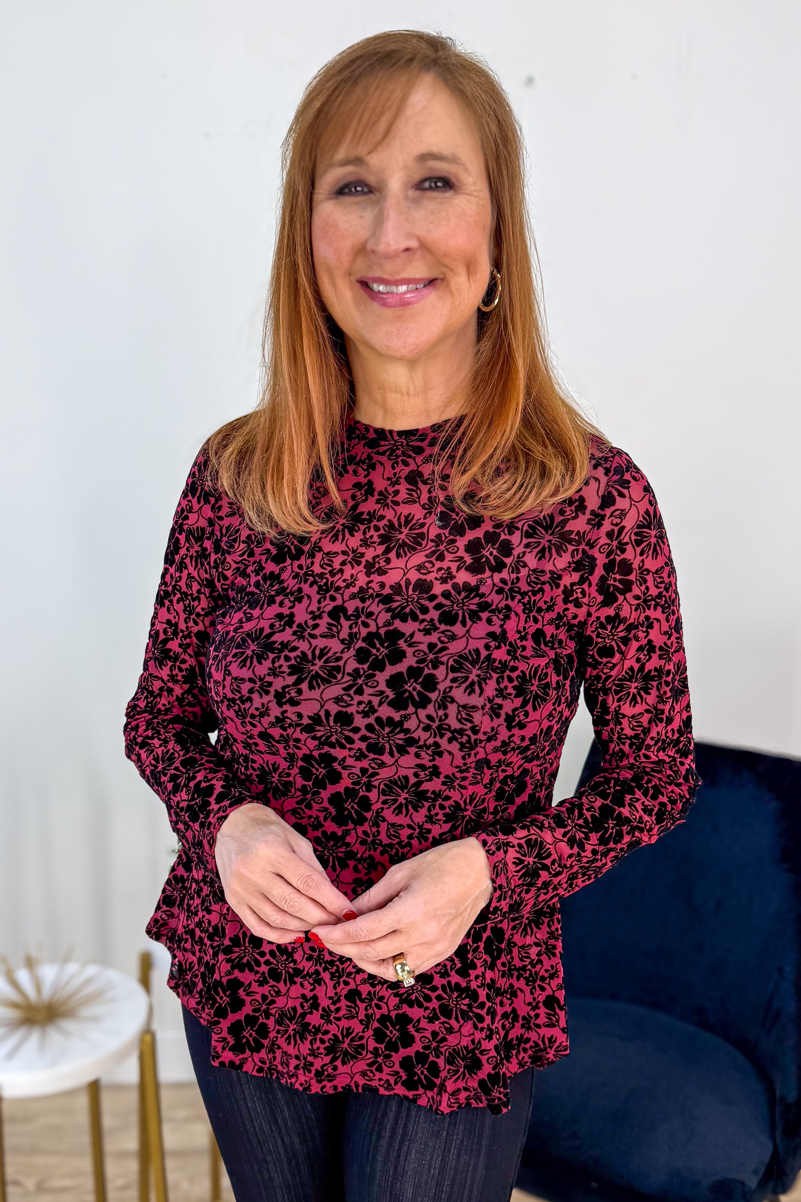 Burgandy & Black Floral Mock Neck Peplum Blouse