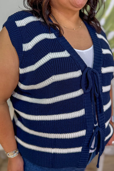 Navy & White Stripe Tie Detail Sweater Vest detailed