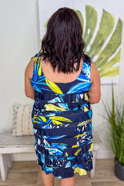 Navy Tropical Tiered Ruffle Dress back