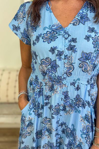 Blue Paisley Button Front Maxi Dress
