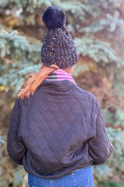 Black Quilted Bomber Jacket Back
