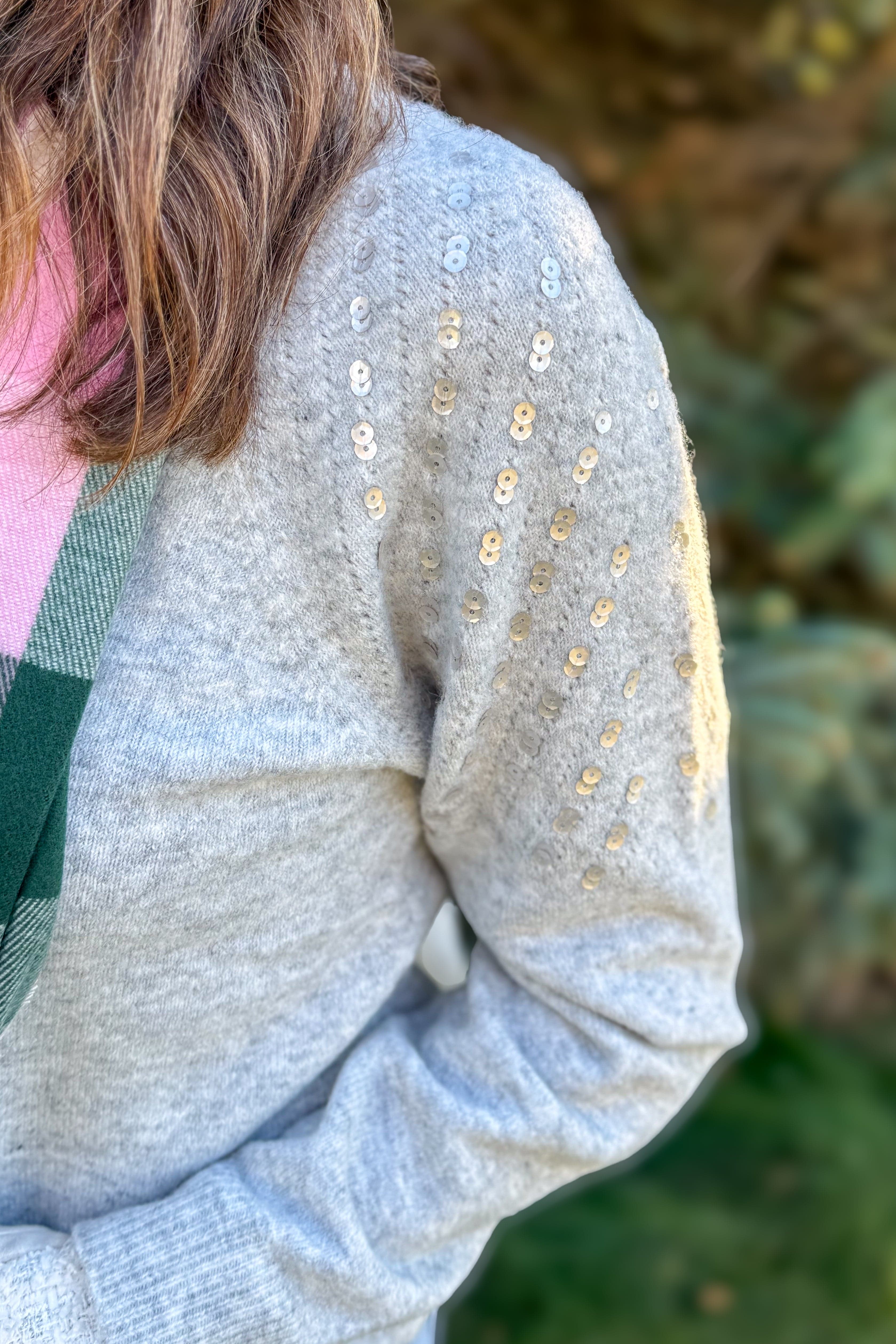 Heather Grey Sequin Pullover Sweater Detailed