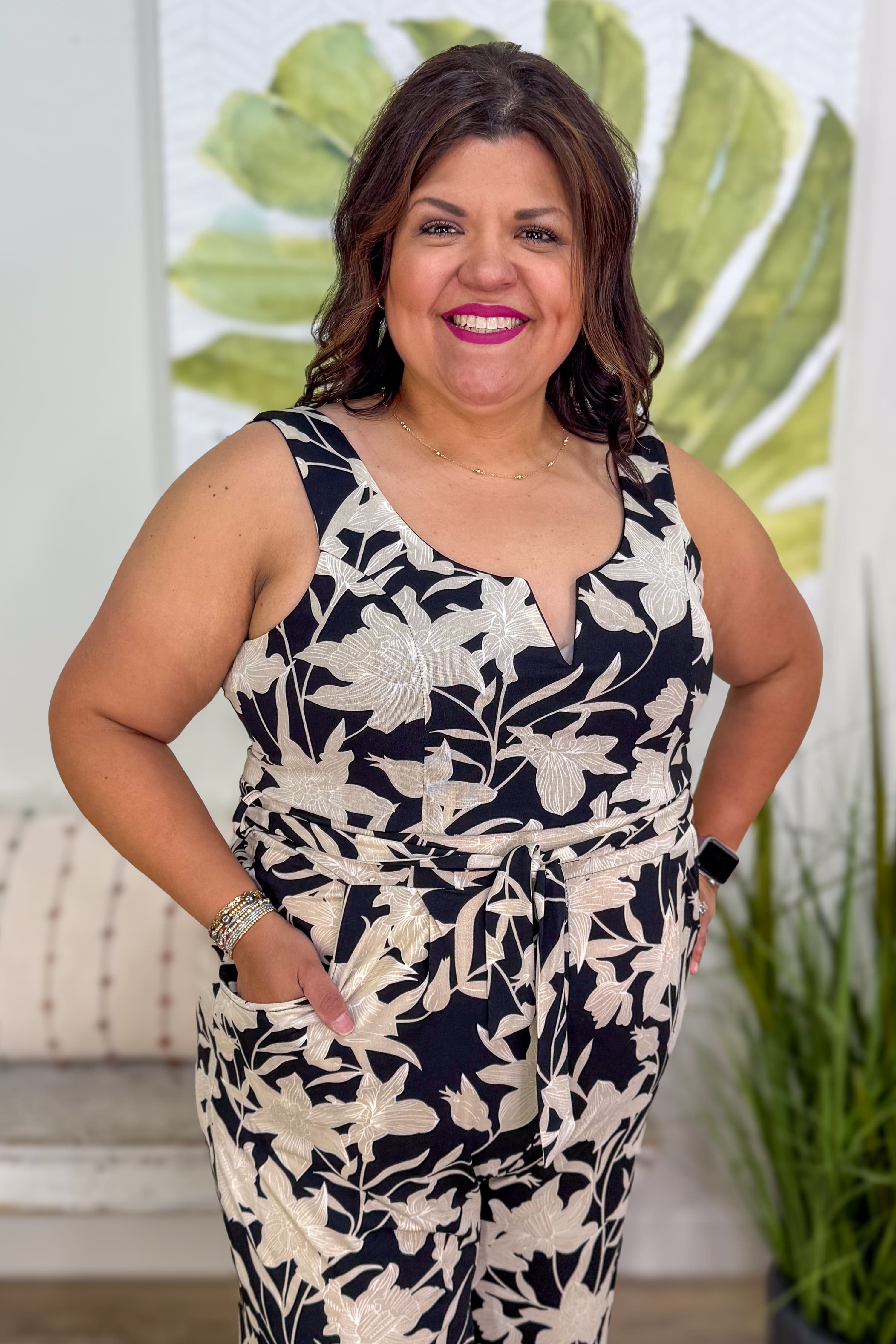 Black & Taupe Floral Stretch Jumpsuit styled