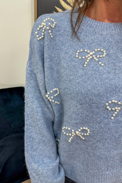 Blue Sweater with Pearl Bows details