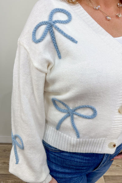 Ivory & Light Blue Bows Cardigan detail