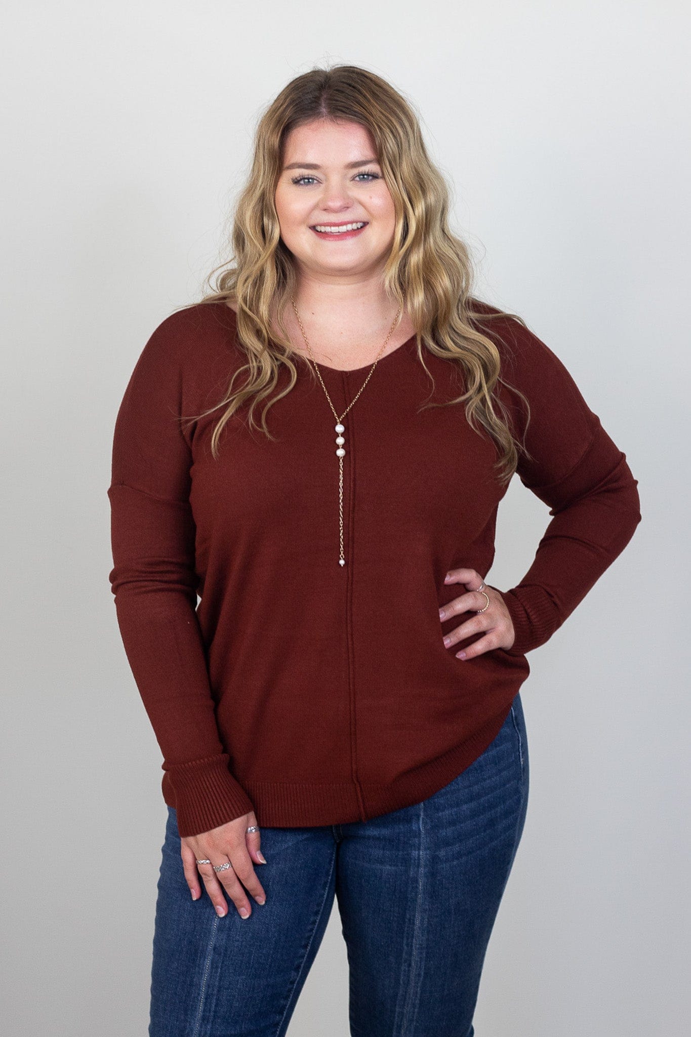 Heathered Rust Pocket Round Neck Sweater