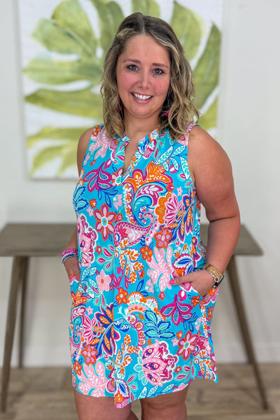 Turquoise Floral Paisley Tank Dress