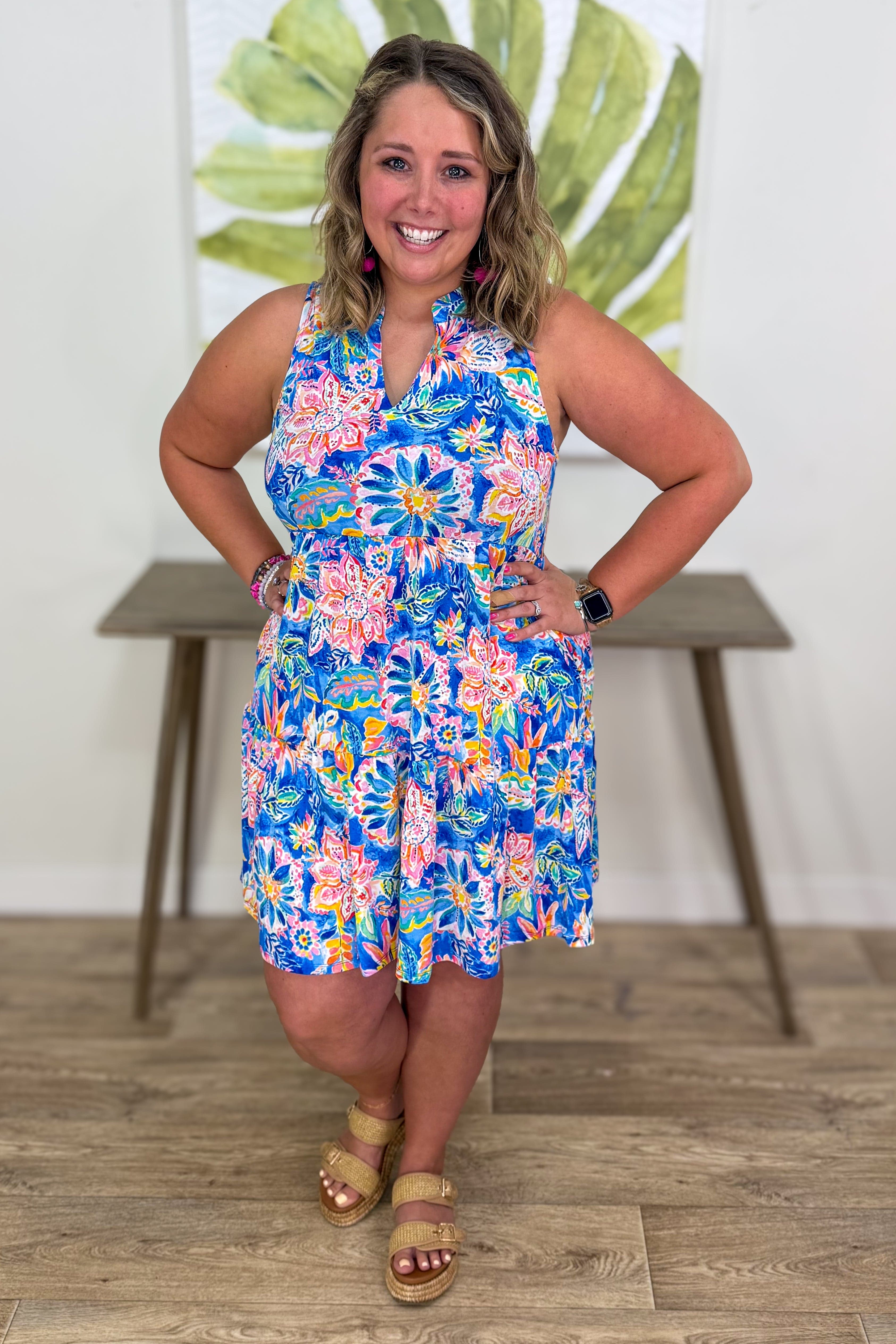 Royal Blue Floral Mandala Tiered Tank Dress Styled